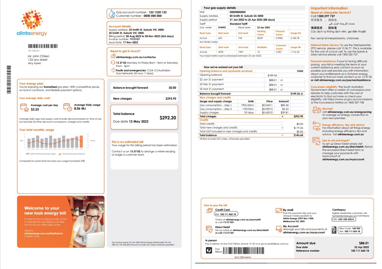 Australia Alinta Energy gas utility bill template in Word and PDF format, 2 pages
